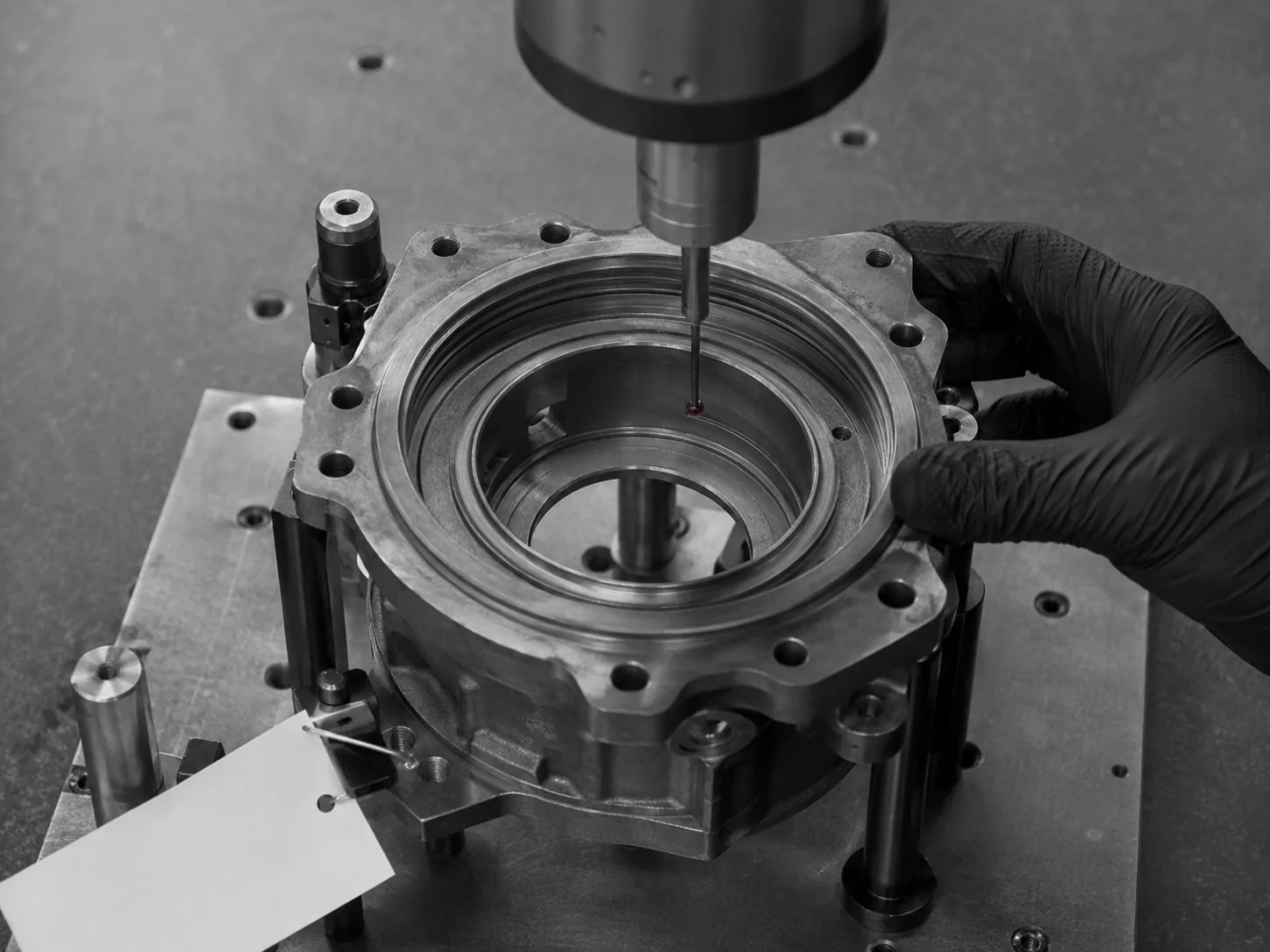 A machined aerospace component being measured on a coordinate-measuring machine with a touch probe