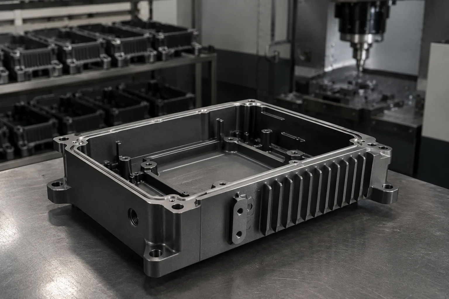 A precision CNC-machined aluminium housing on a shop-floor table with a machining centre behind