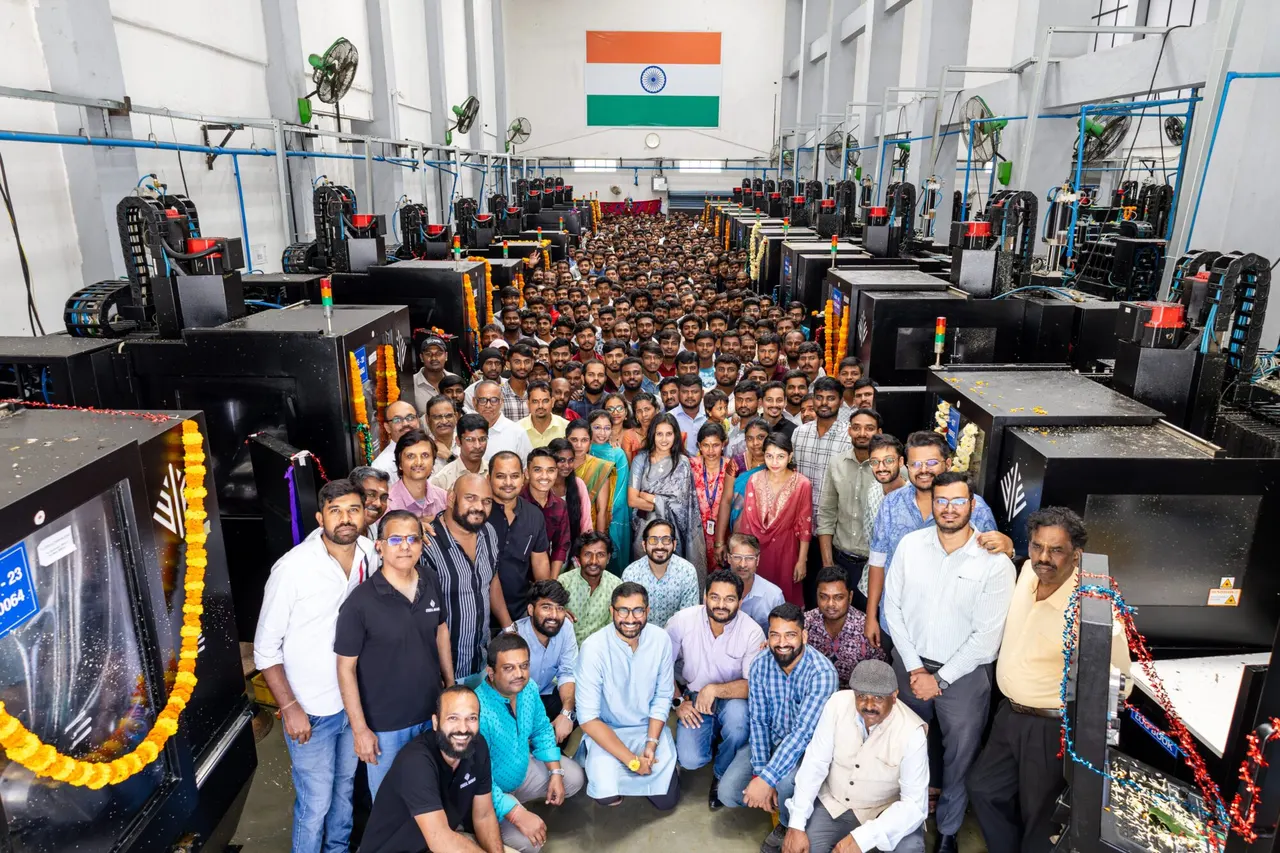 The full Ethereal Machines team gathered on the production floor in Bengaluru
